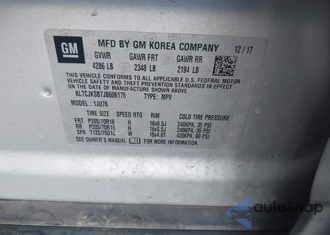 2018 Chevrolet Trax Ls z USA, uszkodzony, nr VIN KL7CJKSB7JB606175